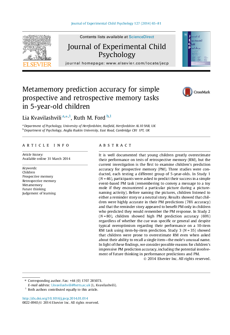 Metamemory prediction accuracy for simple prospective and retrospective memory tasks in 5-year-old children