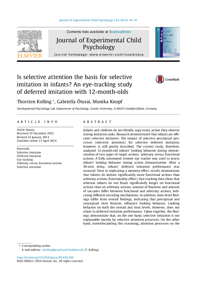 Is selective attention the basis for selective imitation in infants? An eye-tracking study of deferred imitation with 12-month-olds