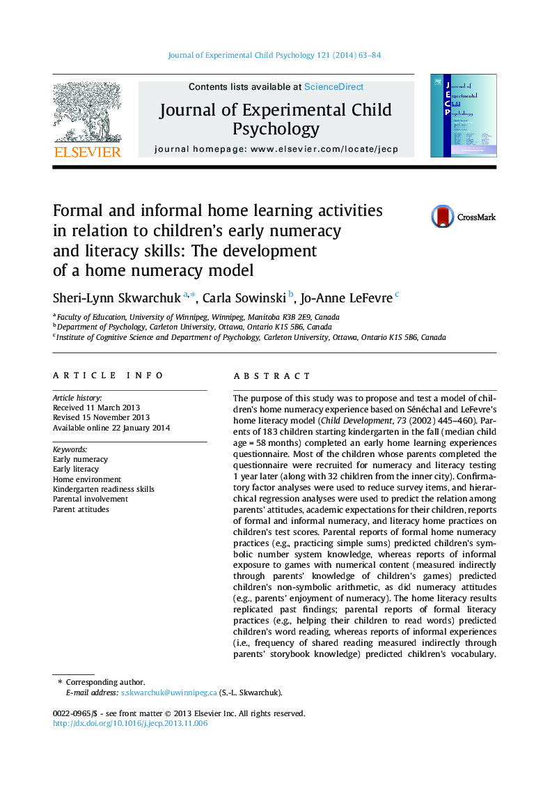 Formal and informal home learning activities in relation to children’s early numeracy and literacy skills: The development of a home numeracy model