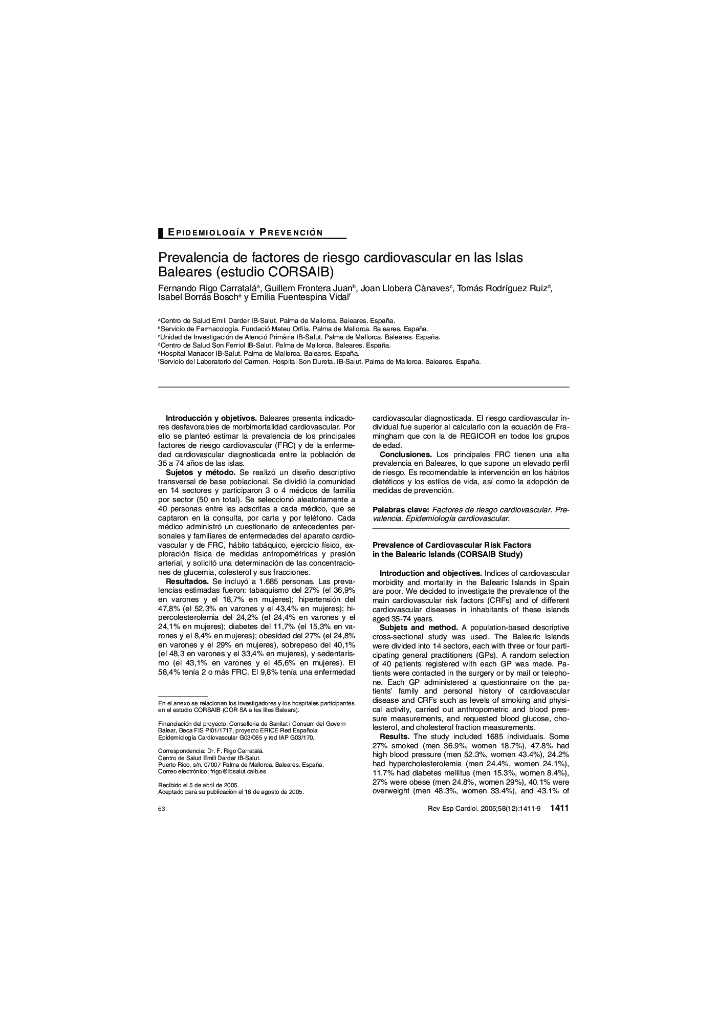 Prevalencia de factores de riesgo cardiovascular en las Islas Baleares (estudio CORSAIB)