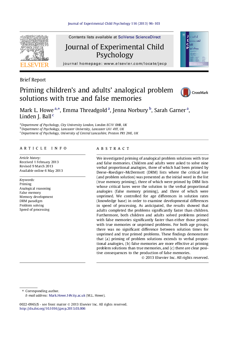 Priming children’s and adults’ analogical problem solutions with true and false memories