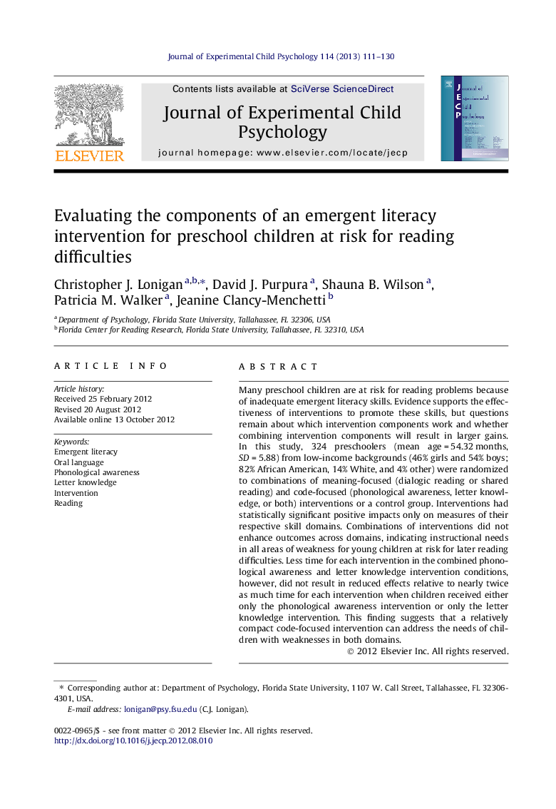 Evaluating the components of an emergent literacy intervention for preschool children at risk for reading difficulties