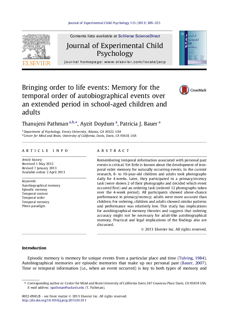 Bringing order to life events: Memory for the temporal order of autobiographical events over an extended period in school-aged children and adults