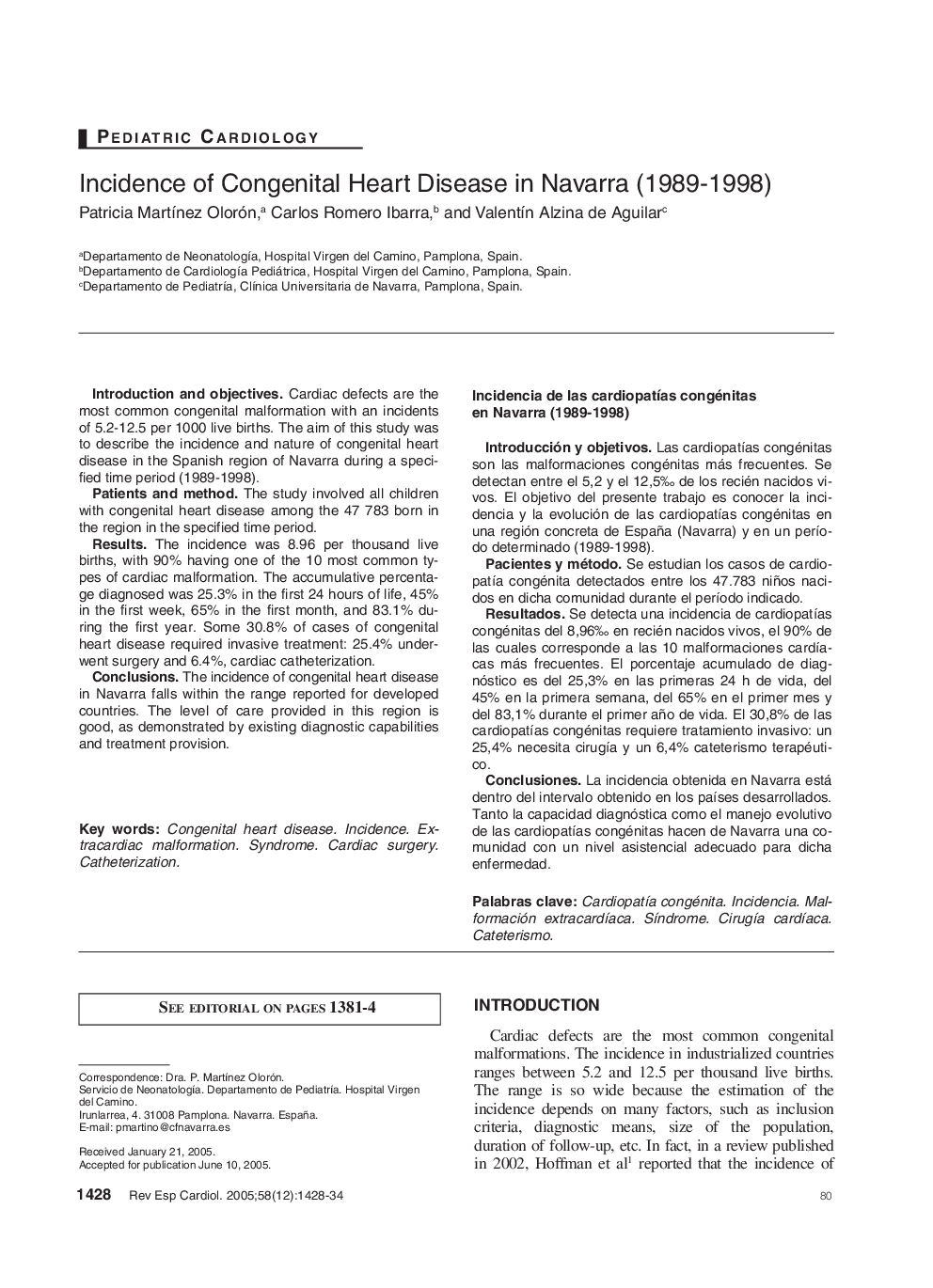 Incidence of Congenital Heart Disease in Navarra (1989-1998)