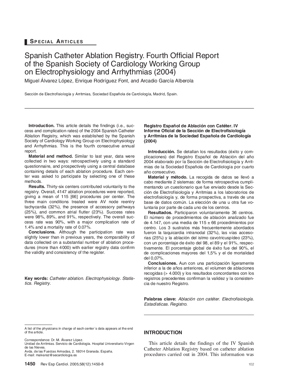 Spanish Catheter Ablation Registry. Fourth Official Report of the Spanish Society of Cardiology Working Group on Electrophysiology and Arrhythmias (2004)