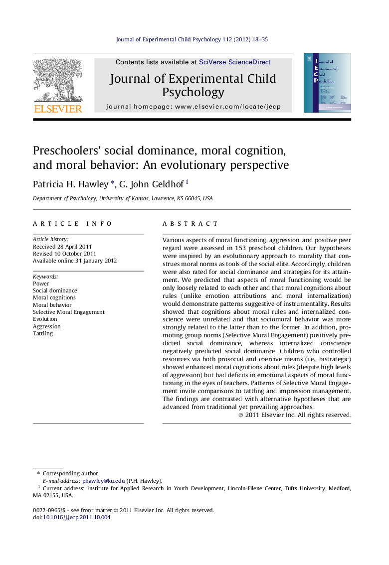 Preschoolers’ social dominance, moral cognition, and moral behavior: An evolutionary perspective