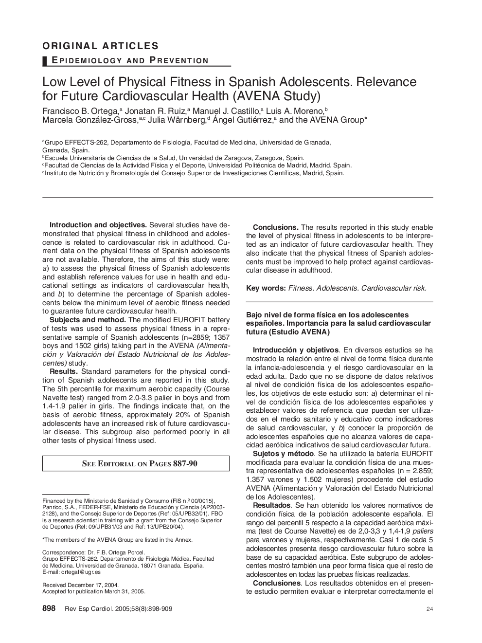 Low Level of Physical Fitness in Spanish Adolescents. Relevance for Future Cardiovascular Health (AVENA Study)