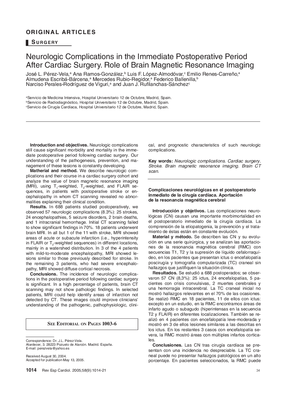 Neurologic Complications in the Immediate Postoperative Period After Cardiac Surgery. Role of Brain Magnetic Resonance Imaging