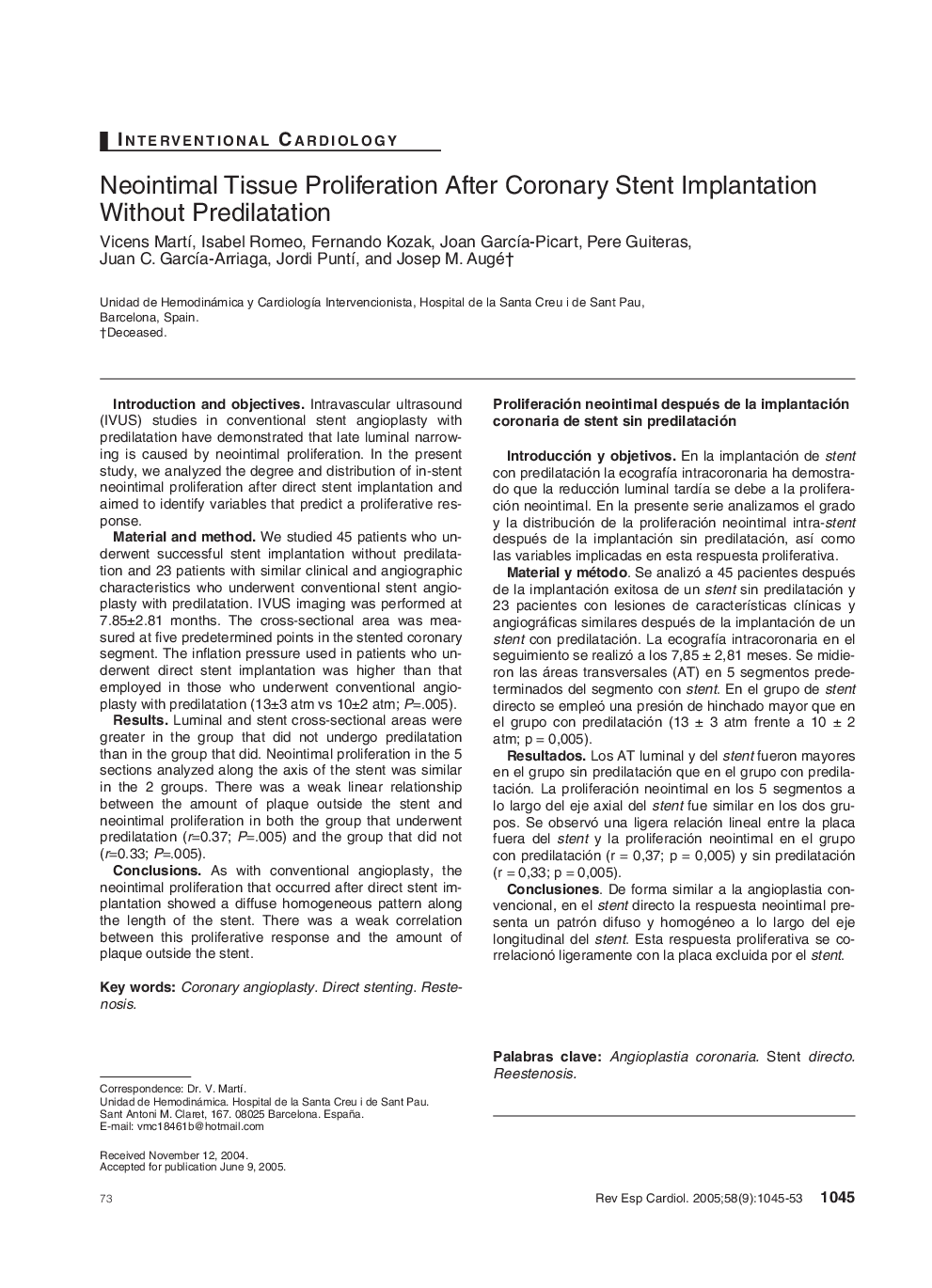 Neointimal Tissue Proliferation After Coronary Stent Implantation Without Predilatation