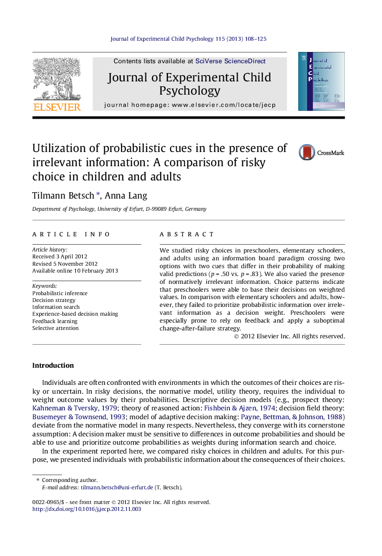 Utilization of probabilistic cues in the presence of irrelevant information: A comparison of risky choice in children and adults