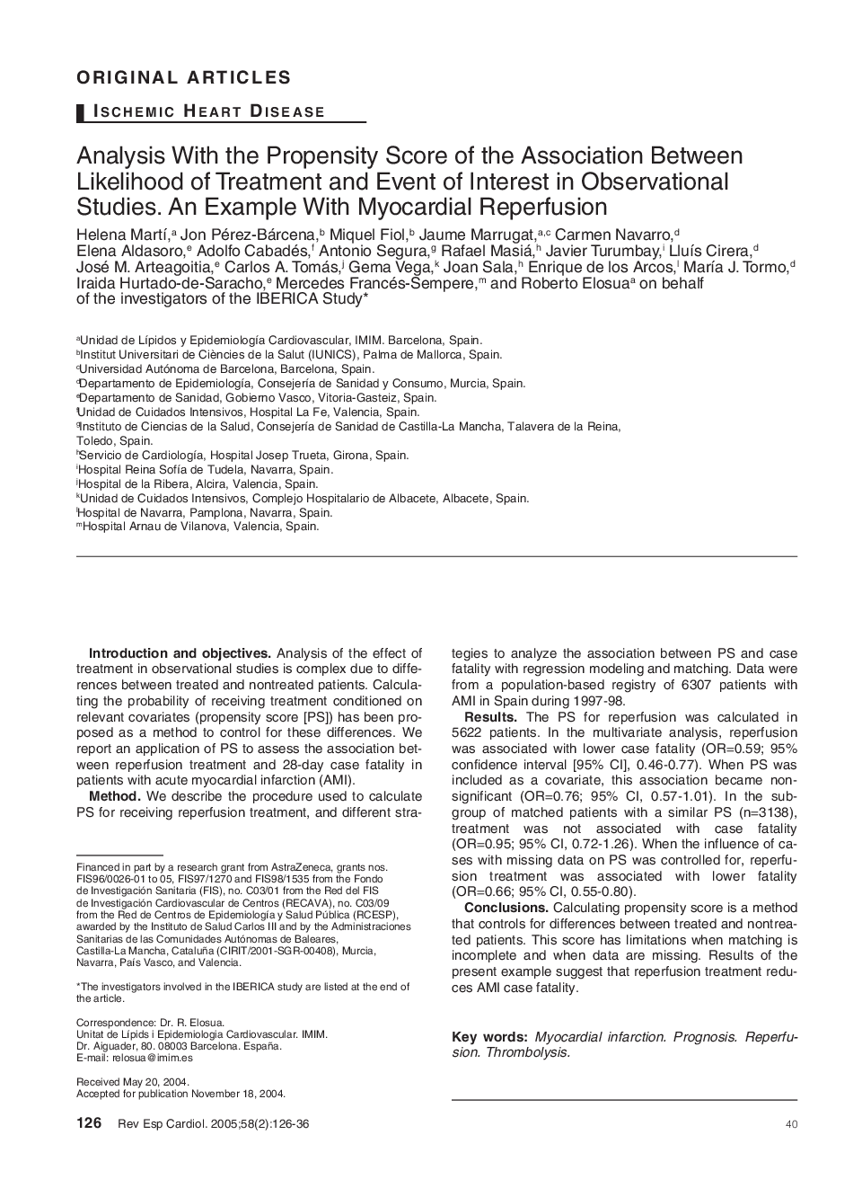 Analysis With the Propensity Score of the Association Between Likelihood of Treatment and Event of Interest in Observational Studies. An Example With Myocardial Reperfusion