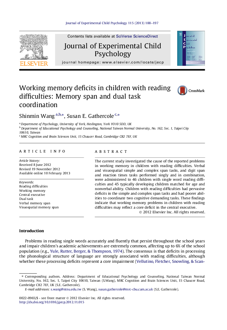 Working memory deficits in children with reading difficulties: Memory span and dual task coordination