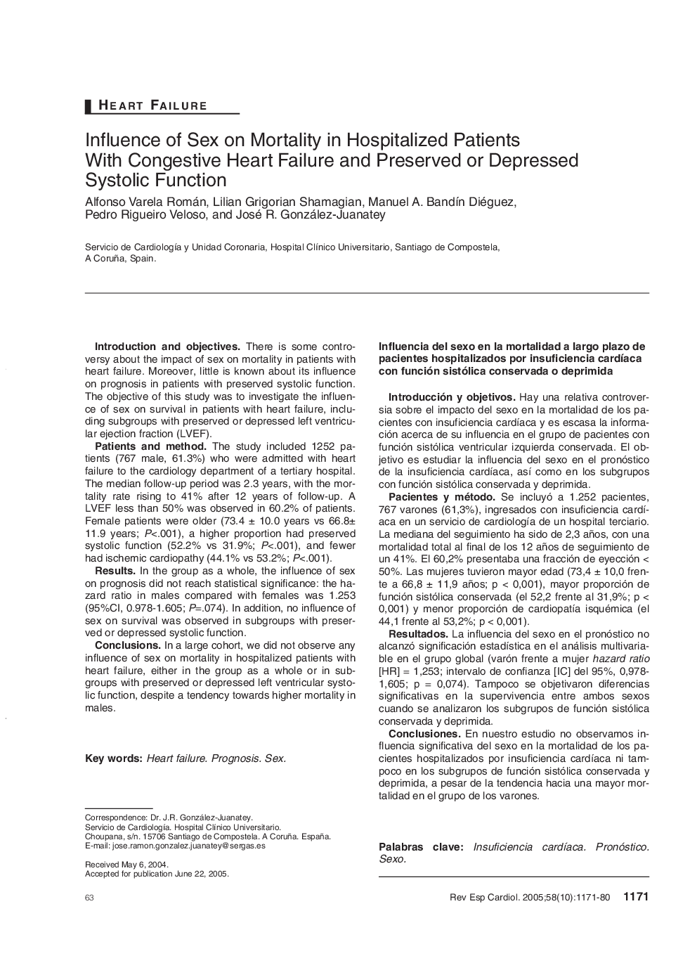 Influence of Sex on Mortality in Hospitalized Patients With Congestive Heart Failure and Preserved or Depressed Systolic Function