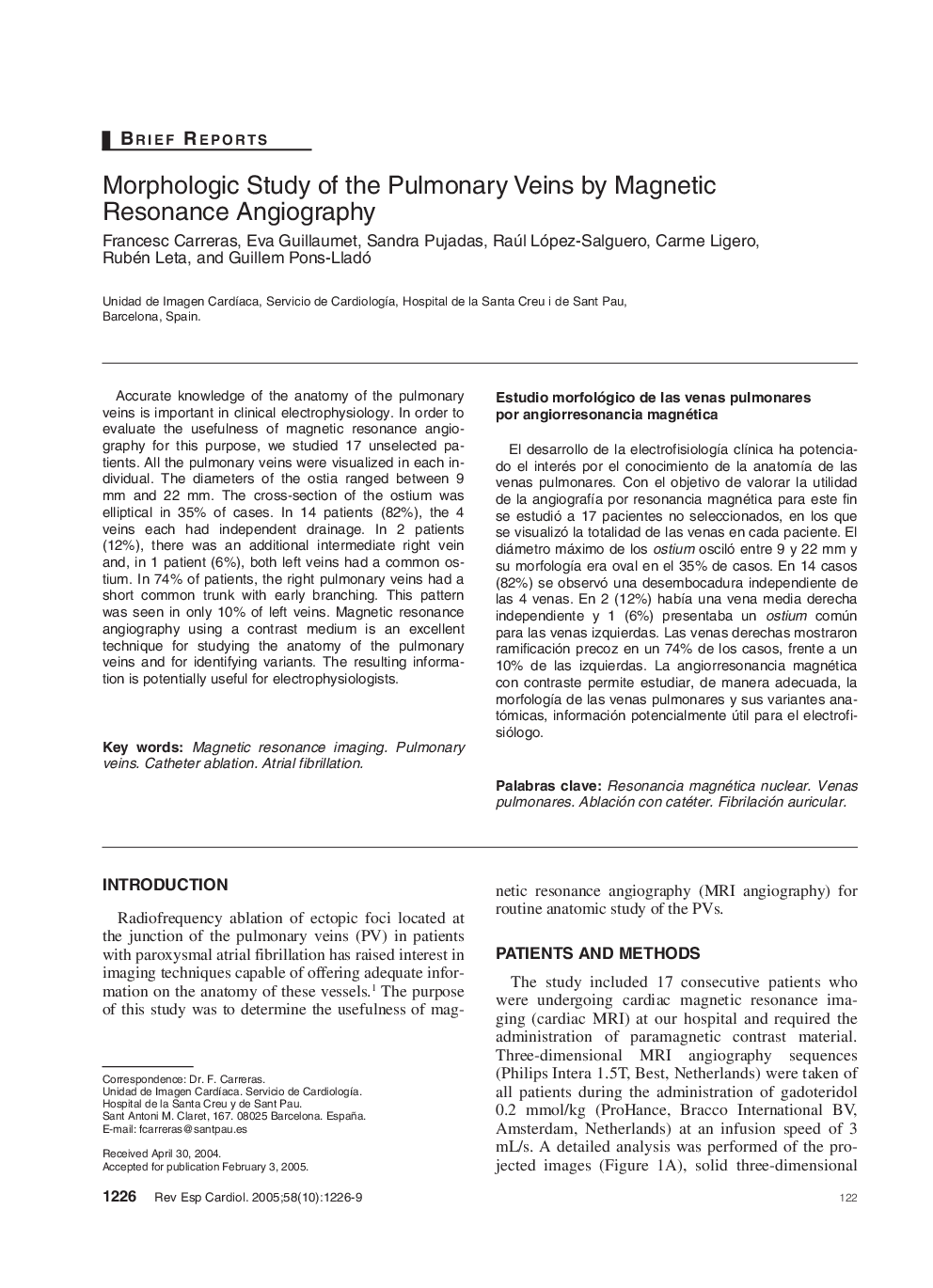 Morphologic Study of the Pulmonary Veins by Magnetic Resonance Angiography