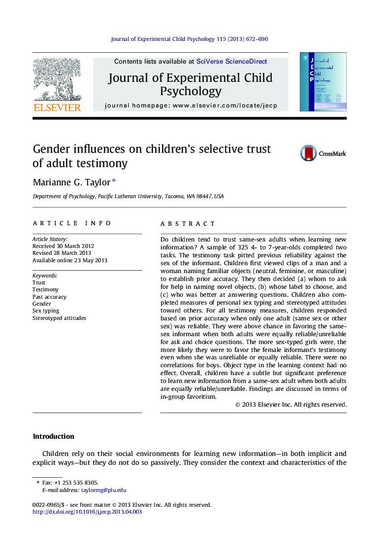 Gender influences on children’s selective trust of adult testimony