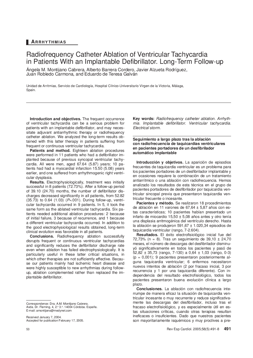 Radiofrequency Catheter Ablation of Ventricular Tachycardia in Patients With an Implantable Defibrillator. Long-Term Follow-up