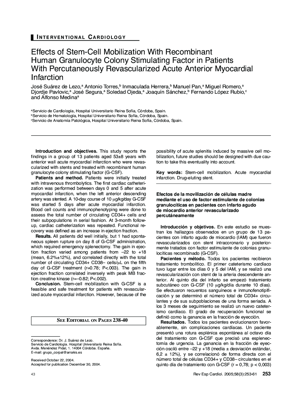 Effects of Stem-Cell Mobilization With Recombinant Human Granulocyte Colony Stimulating Factor in Patients With Percutaneously Revascularized Acute Anterior Myocardial Infarction