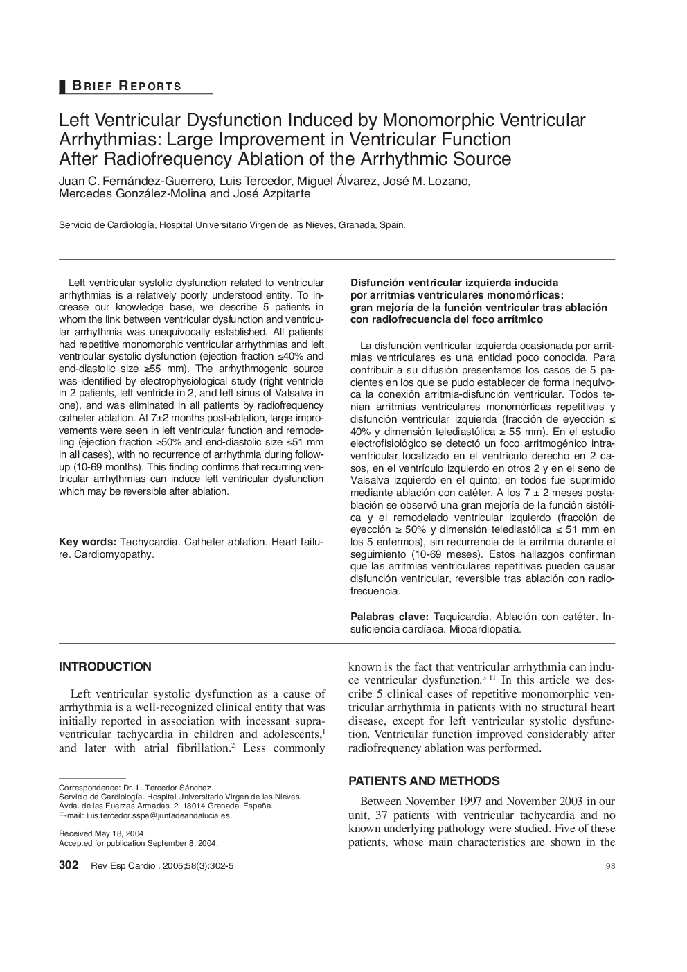 Left Ventricular Dysfunction Induced by Monomorphic Ventricular Arrhythmias: Large Improvement in Ventricular Function After Radiofrequency Ablation of the Arrhythmic Source