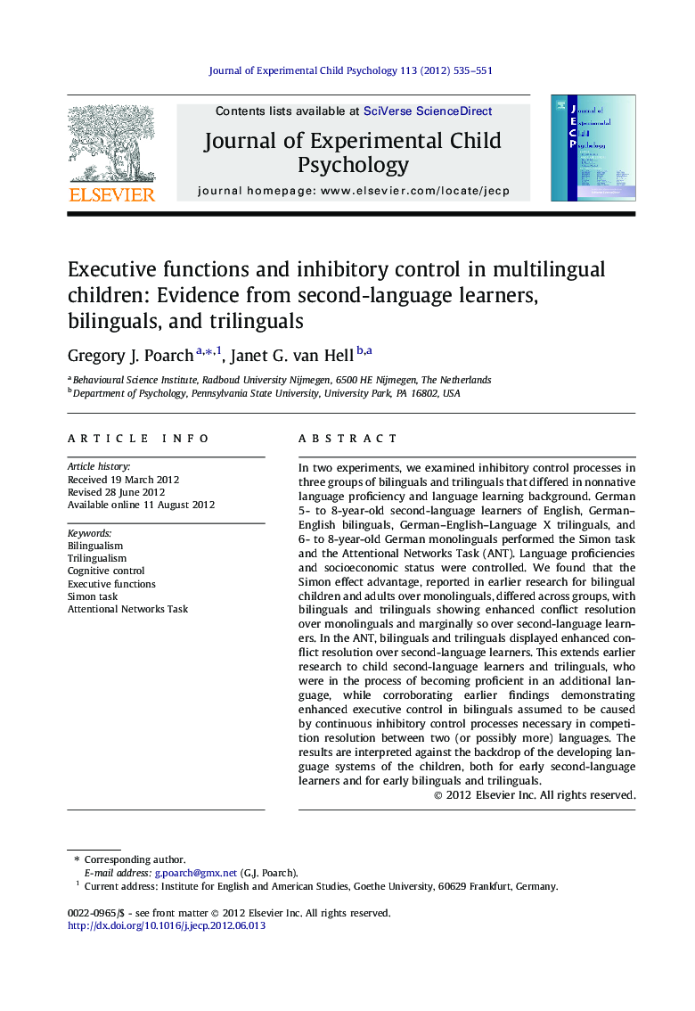 Executive functions and inhibitory control in multilingual children: Evidence from second-language learners, bilinguals, and trilinguals