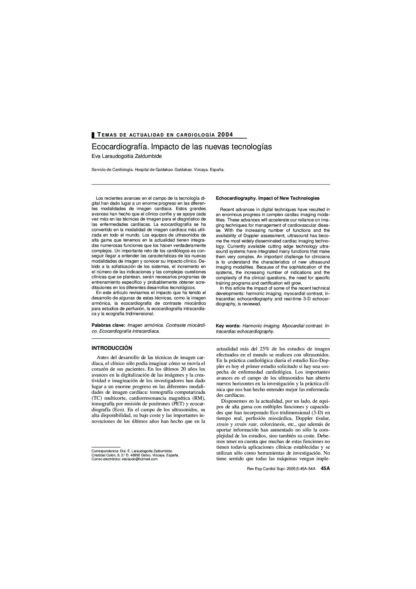 EcocardiografÃ­a. Impacto de las nuevas tecnologÃ­as