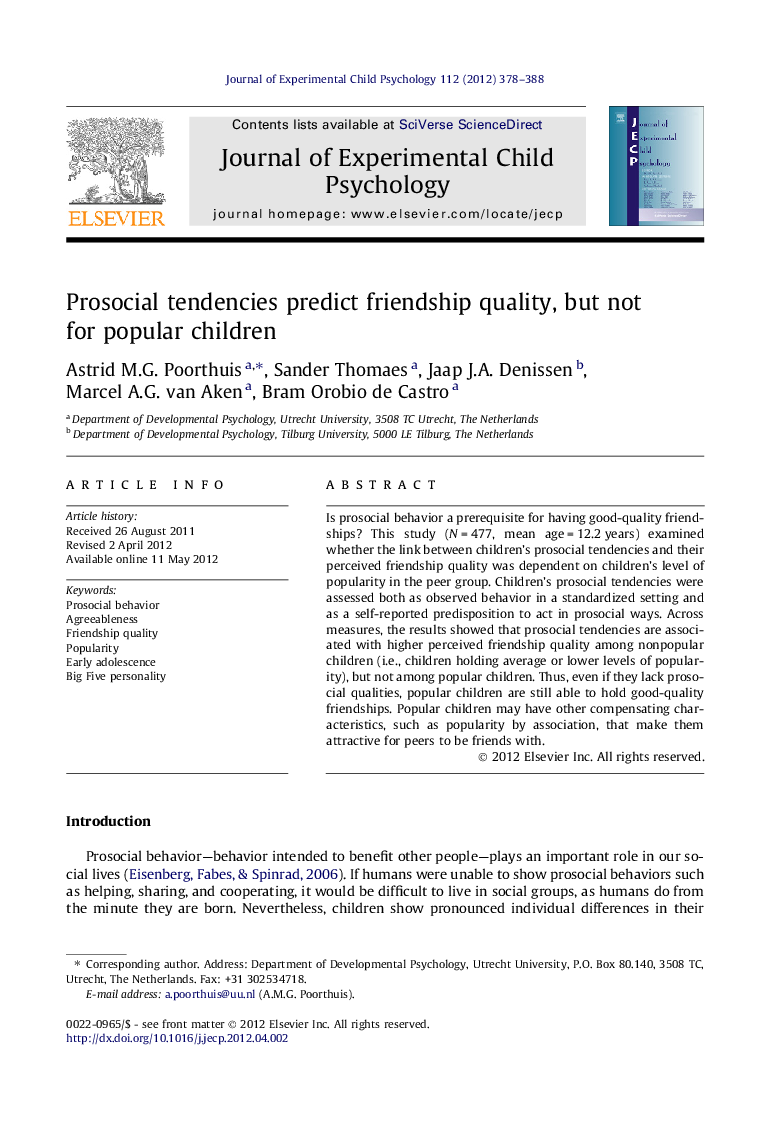 Prosocial tendencies predict friendship quality, but not for popular children