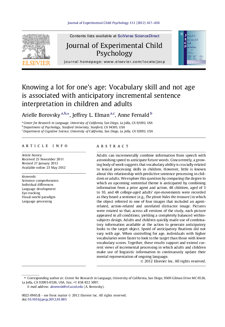 Knowing a lot for one’s age: Vocabulary skill and not age is associated with anticipatory incremental sentence interpretation in children and adults