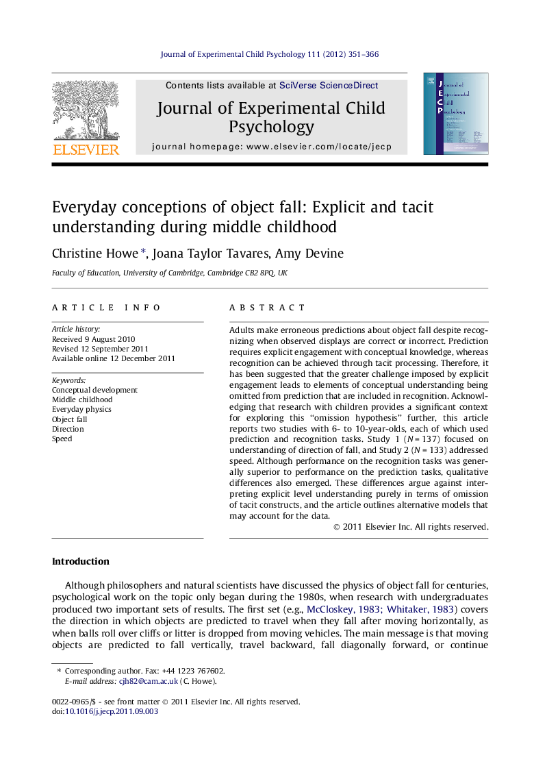 Everyday conceptions of object fall: Explicit and tacit understanding during middle childhood