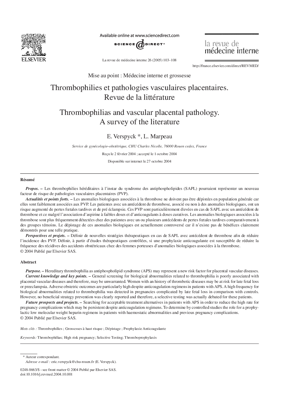 Thrombophilies et pathologies vasculaires placentaires. Revue de la littérature