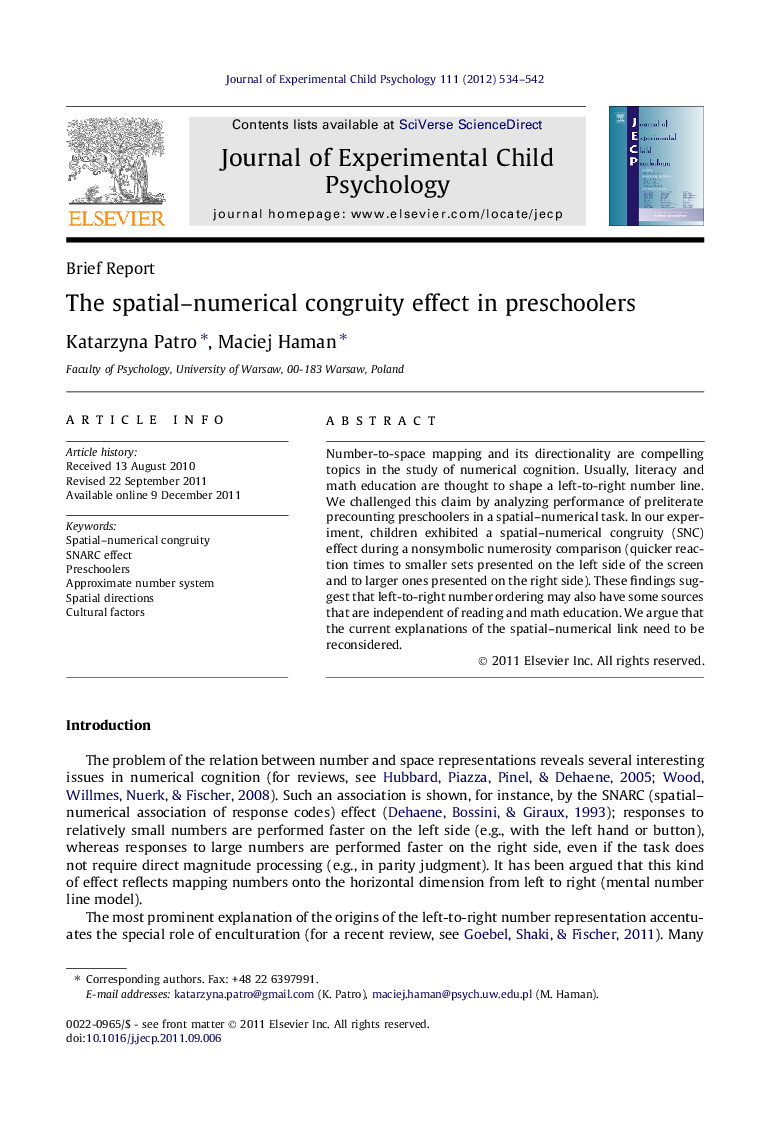 The spatial–numerical congruity effect in preschoolers