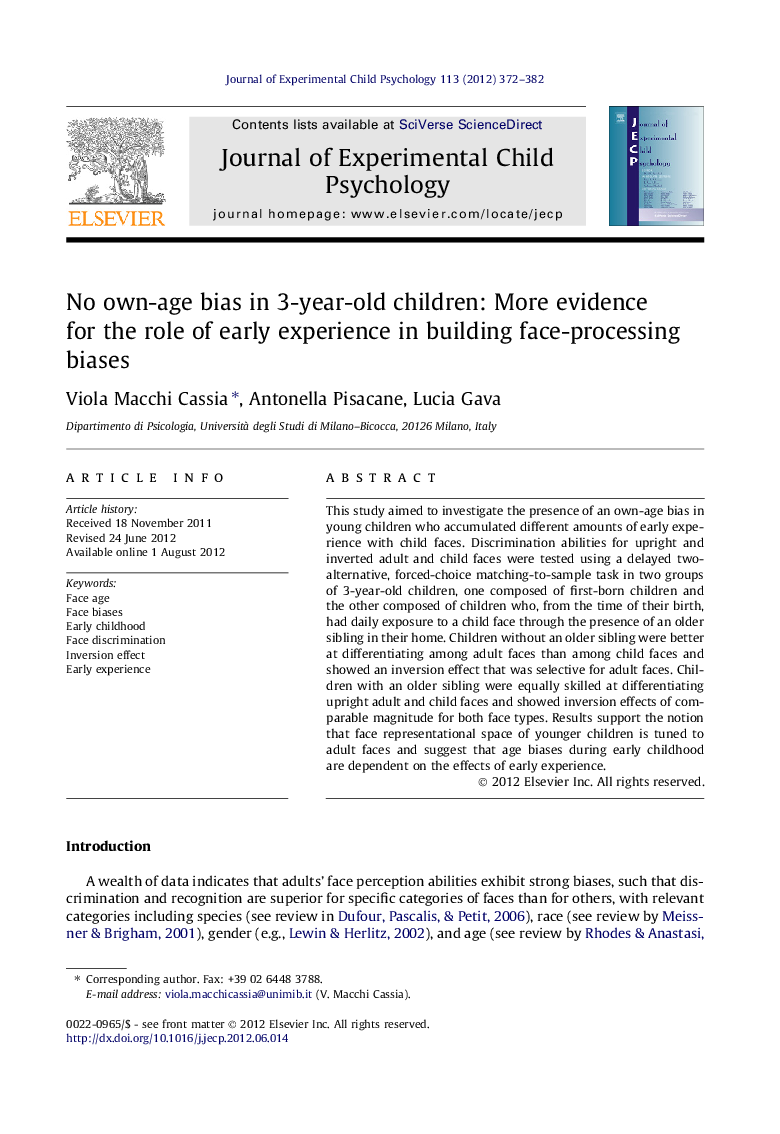 No own-age bias in 3-year-old children: More evidence for the role of early experience in building face-processing biases