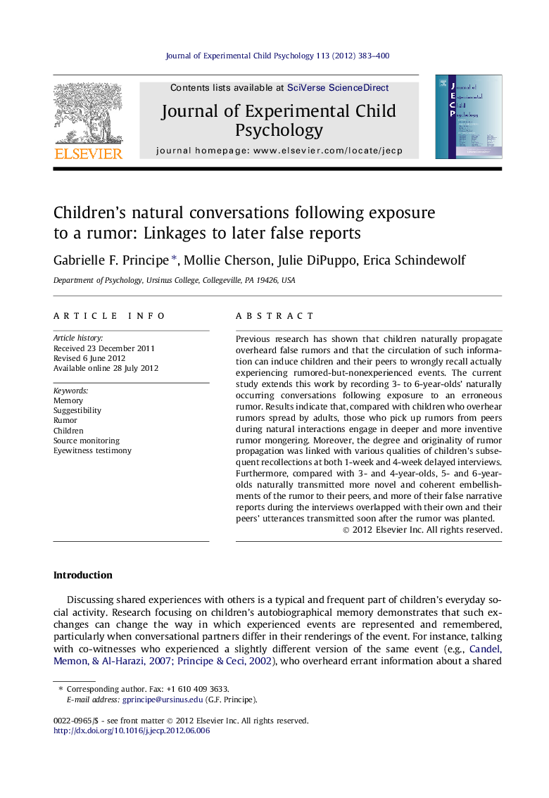 Children’s natural conversations following exposure to a rumor: Linkages to later false reports