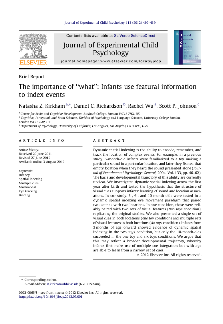 The importance of “what”: Infants use featural information to index events