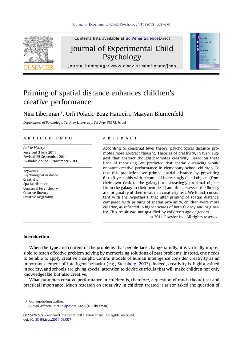 Priming of spatial distance enhances children’s creative performance