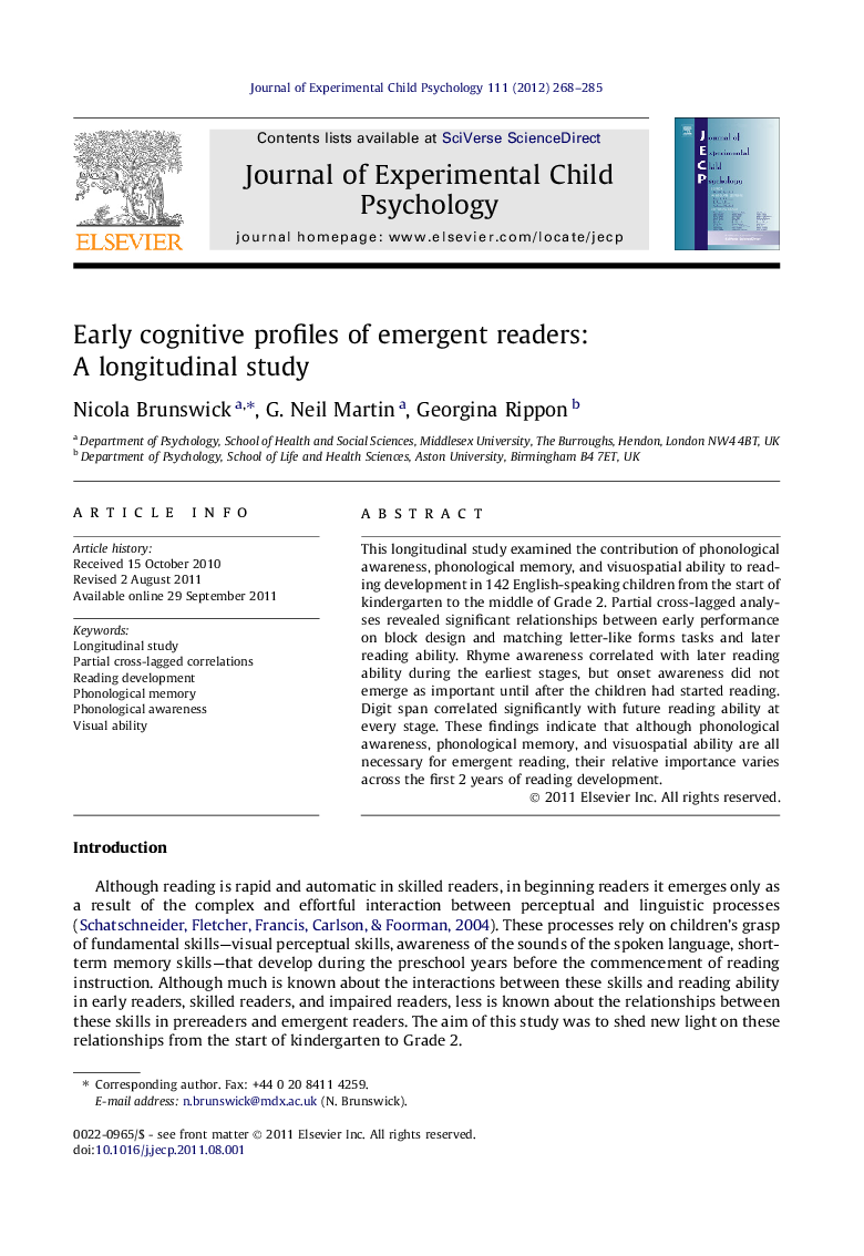 Early cognitive profiles of emergent readers: A longitudinal study