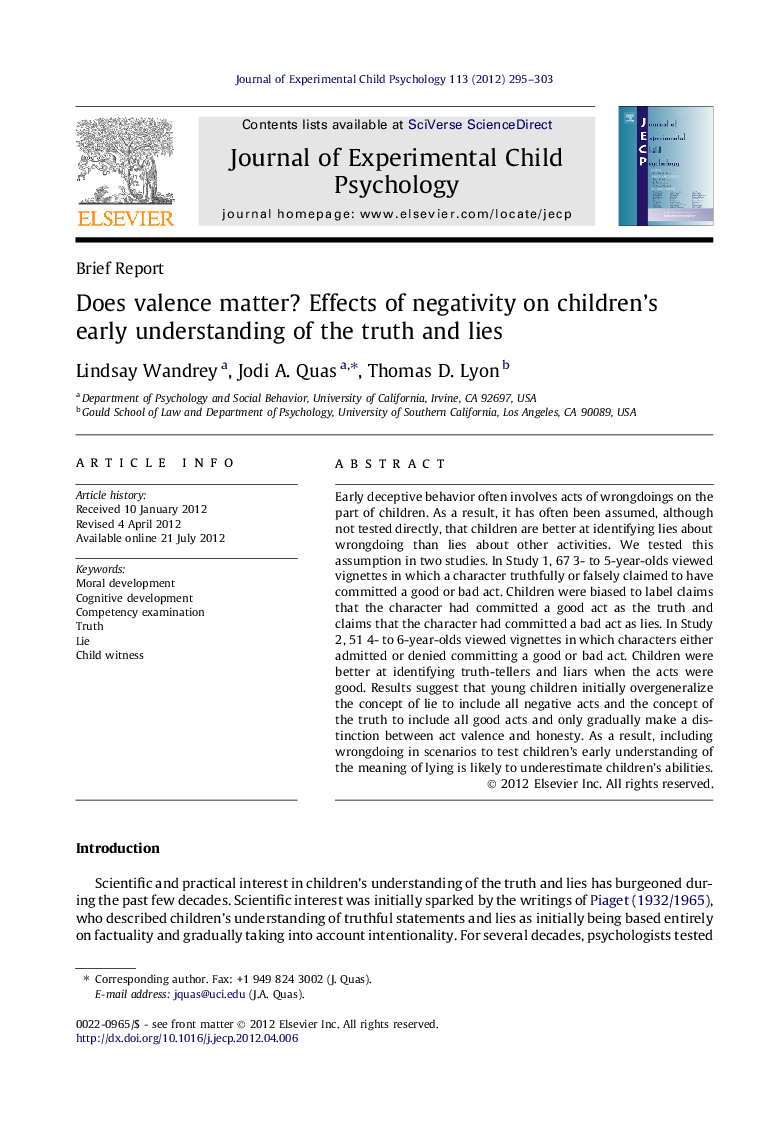 Does valence matter? Effects of negativity on children’s early understanding of the truth and lies