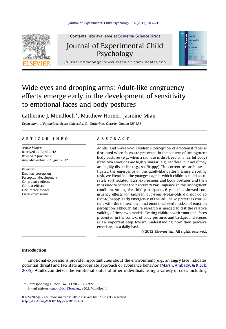 Wide eyes and drooping arms: Adult-like congruency effects emerge early in the development of sensitivity to emotional faces and body postures