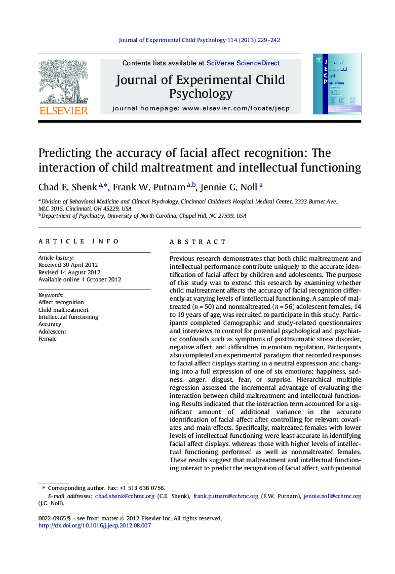 Predicting the accuracy of facial affect recognition: The interaction of child maltreatment and intellectual functioning