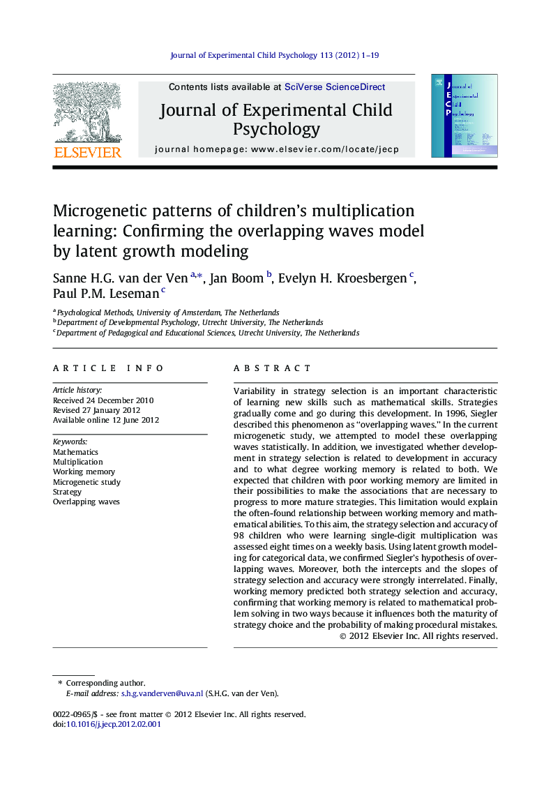 Microgenetic patterns of children’s multiplication learning: Confirming the overlapping waves model by latent growth modeling