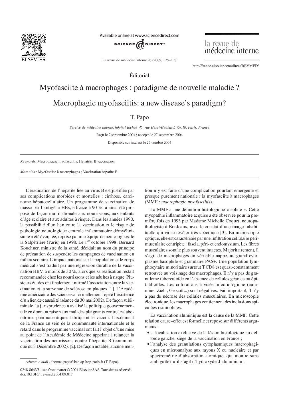 Myofasciite Ã  macrophages : paradigme de nouvelle maladie ?