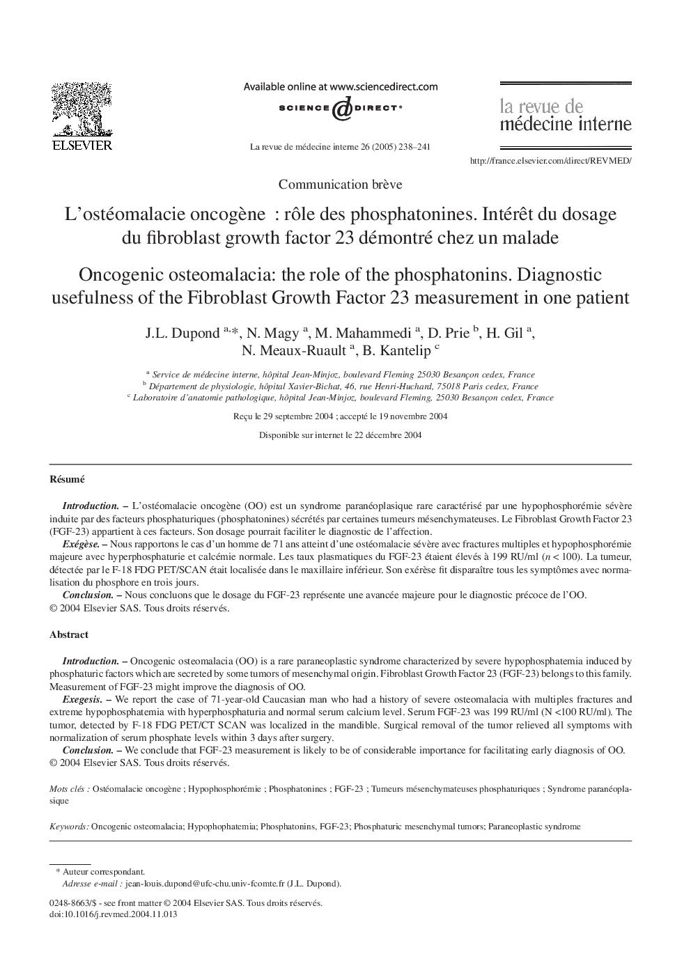 عکس صفحه اول مقاله: L'ostéomalacie oncogène  : rôle des phosphatonines. Intérêt du dosage du fibroblast growth factor 23 démontré chez un malade L'ostéomalacie oncogène  : rôle des phosphatonines. Intérêt du dosage du fibroblast growth factor 23 démontré chez un malade