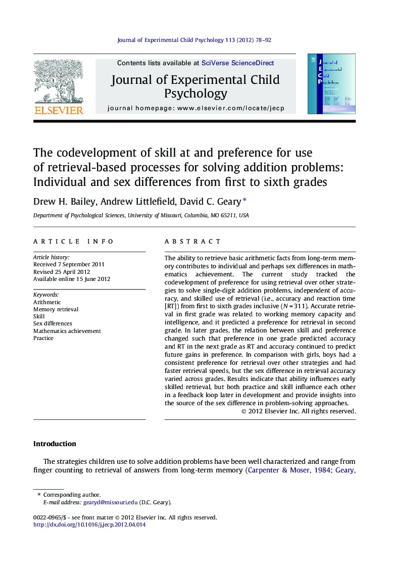 The codevelopment of skill at and preference for use of retrieval-based processes for solving addition problems: Individual and sex differences from first to sixth grades