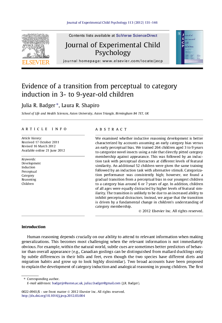 Evidence of a transition from perceptual to category induction in 3- to 9-year-old children