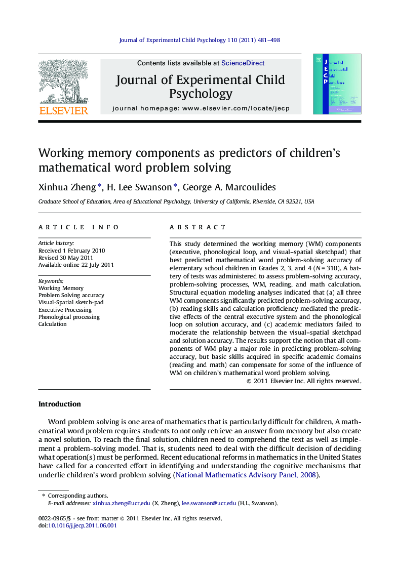 Working memory components as predictors of children’s mathematical word problem solving