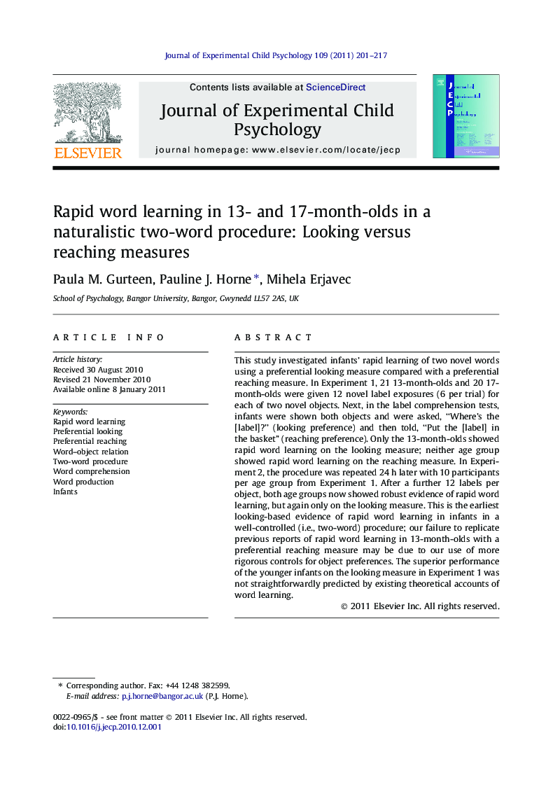 Rapid word learning in 13- and 17-month-olds in a naturalistic two-word procedure: Looking versus reaching measures