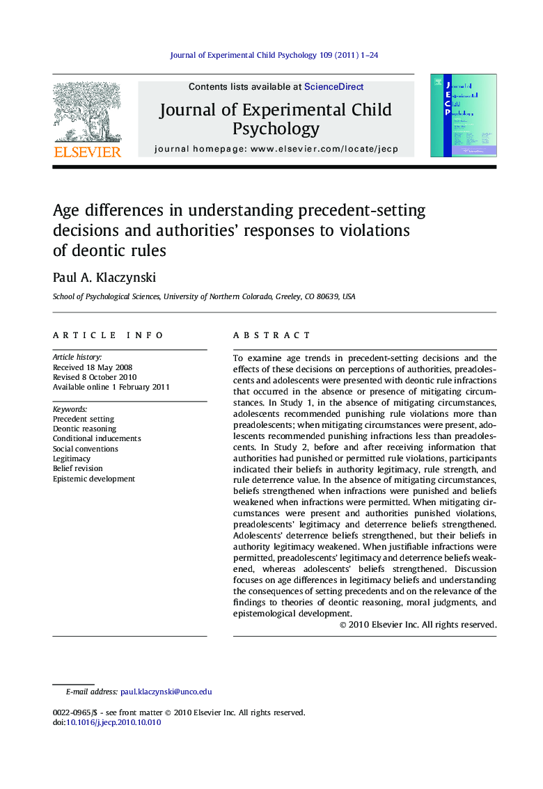 Age differences in understanding precedent-setting decisions and authorities’ responses to violations of deontic rules