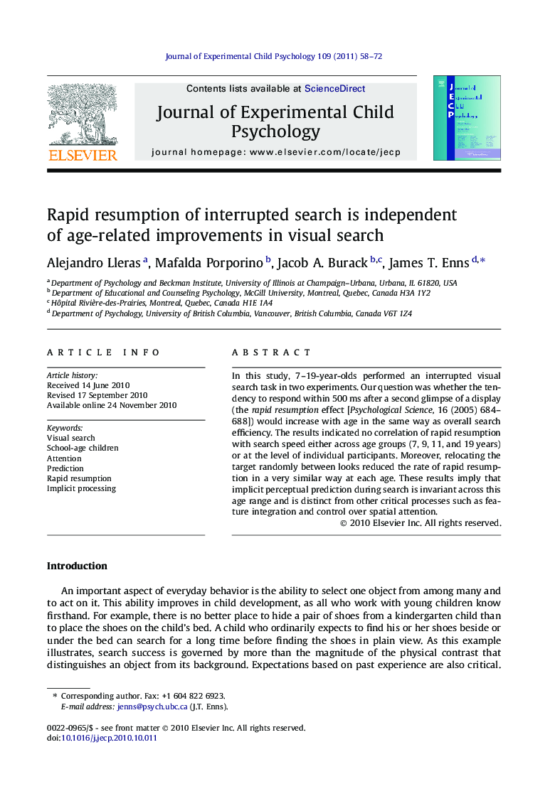 Rapid resumption of interrupted search is independent of age-related improvements in visual search