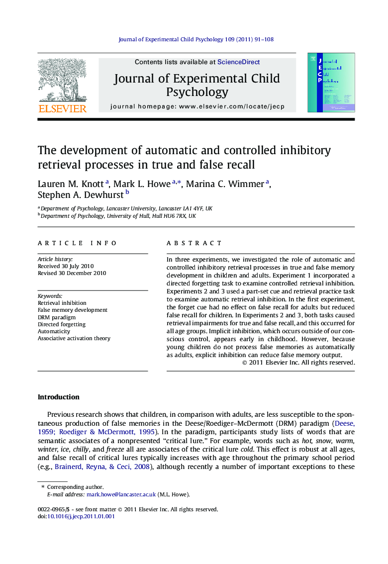 The development of automatic and controlled inhibitory retrieval processes in true and false recall