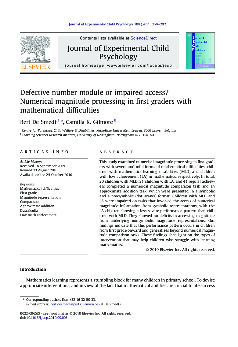 Defective number module or impaired access? Numerical magnitude processing in first graders with mathematical difficulties