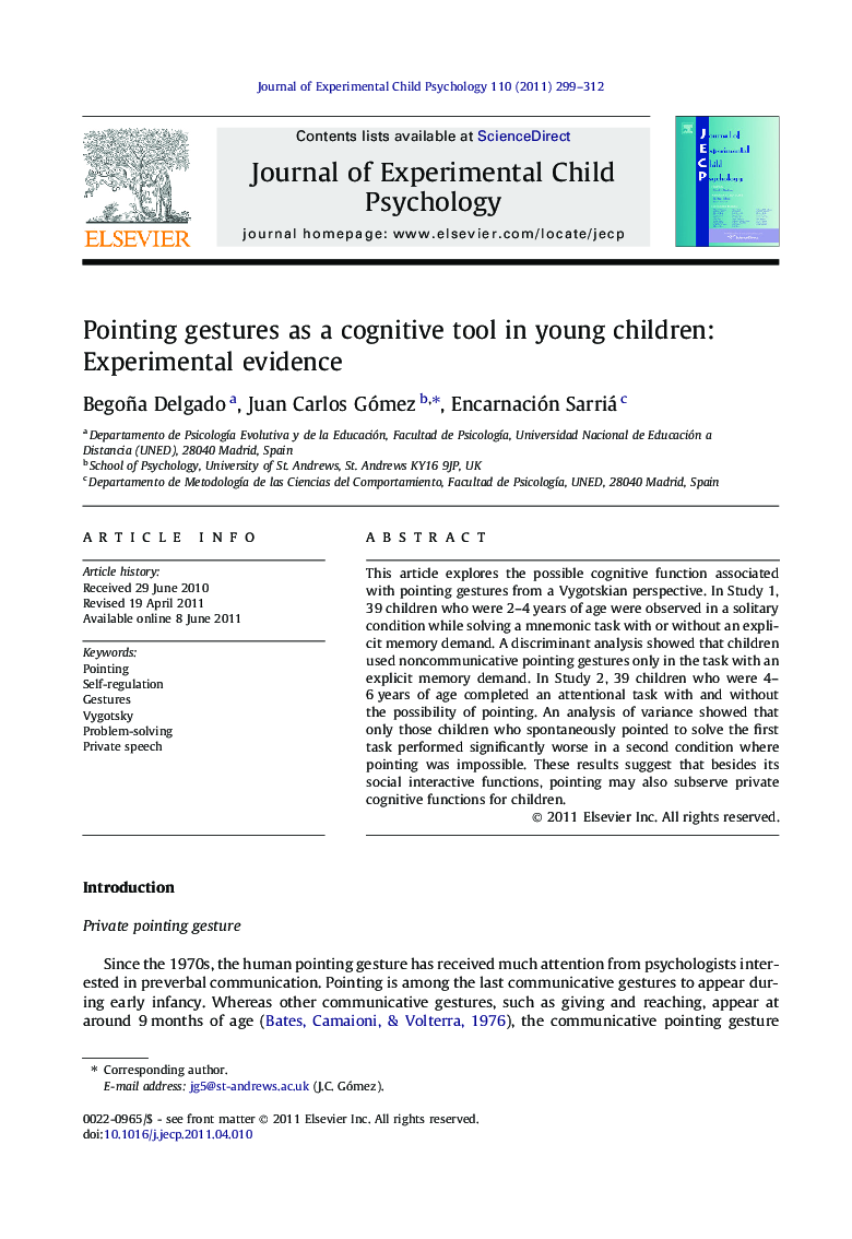 Pointing gestures as a cognitive tool in young children: Experimental evidence