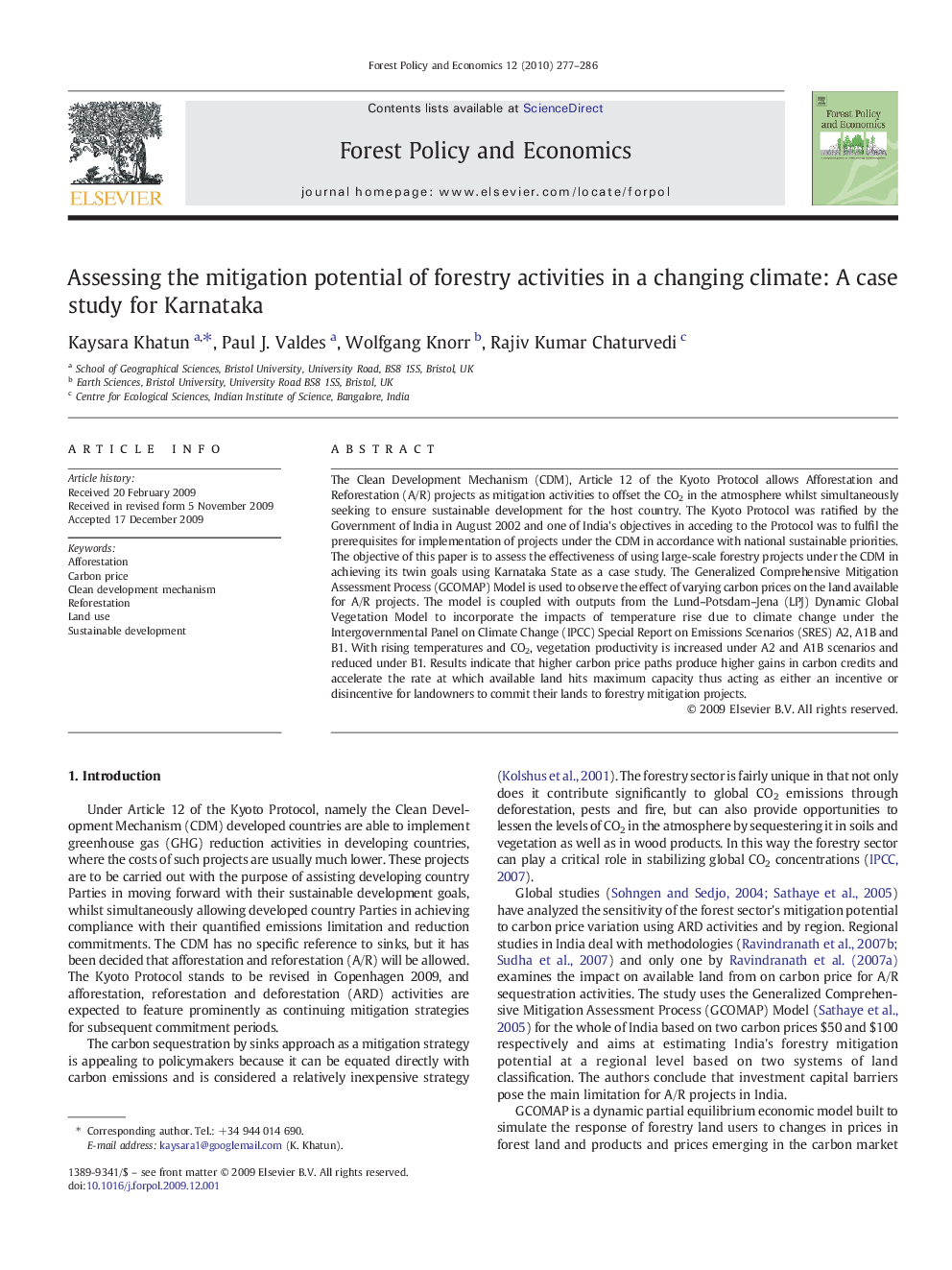 Assessing the mitigation potential of forestry activities in a changing climate: A case study for Karnataka